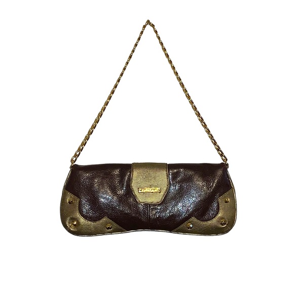 Michael Kors, brown and gold leather studded clutch metal shoulder chain strap - Picture 2 of 7